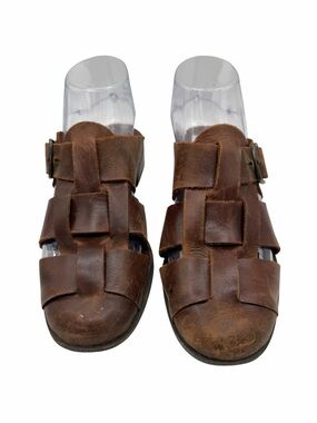 The Leather Collection Women's Brown Leather Woven Fisherman Sandals - Size 7.5
